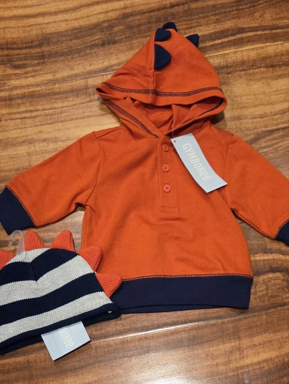 Gymboree NWT 0-3 Months Orange/Navy Hoodie Sweatshirt & Striped Dino Sweater Hat